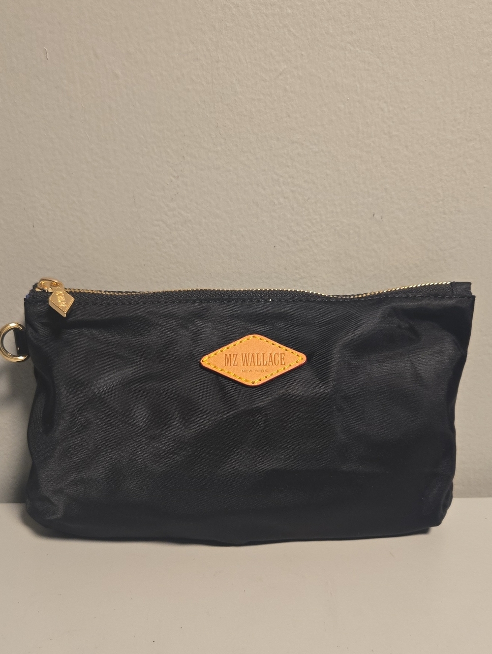 MZ Wallace Black Nylon Toiletry Pouch with Tan Leather Logo